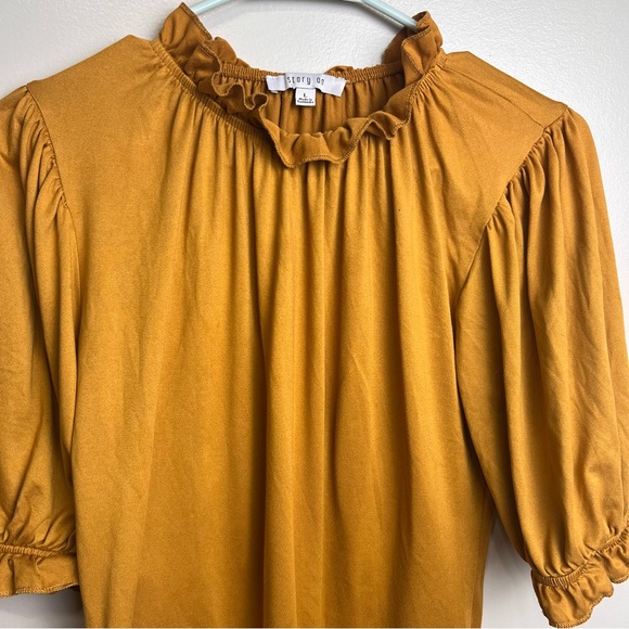 Story On Mustard Yellow Ruffle Peasant Style Blouse Size L (20” ptp) EUC - Picture 2 of 6